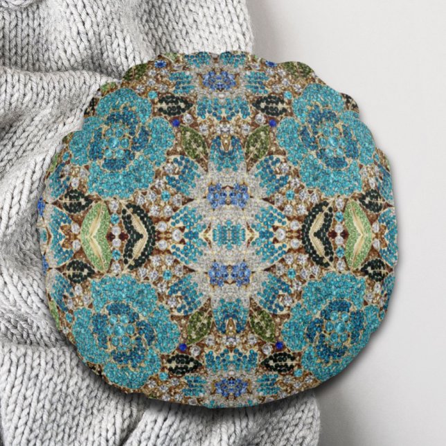 bohemian mädchenhafte silberne türkisblaue Blume Rundes Kissen (bohemian girly chic silver turquoise blue flower round pillow)