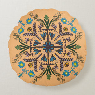 Bohemian Mandala Farbige Botanische Orange Rundes Kissen