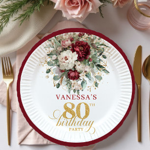 Bohemian Marsala Floral Gold 80. Geburtstag Papier Pappteller
