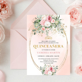 Bohemian Pale Pink Rose Gold Quinceañera Card Einladung