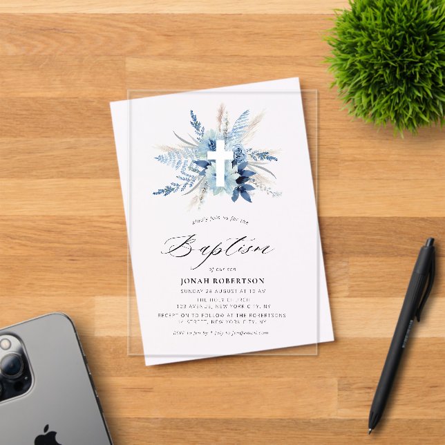 Bohemian pampas grass blue floral cross baptism acryleinladungen (Insitu (Einladungskarte))