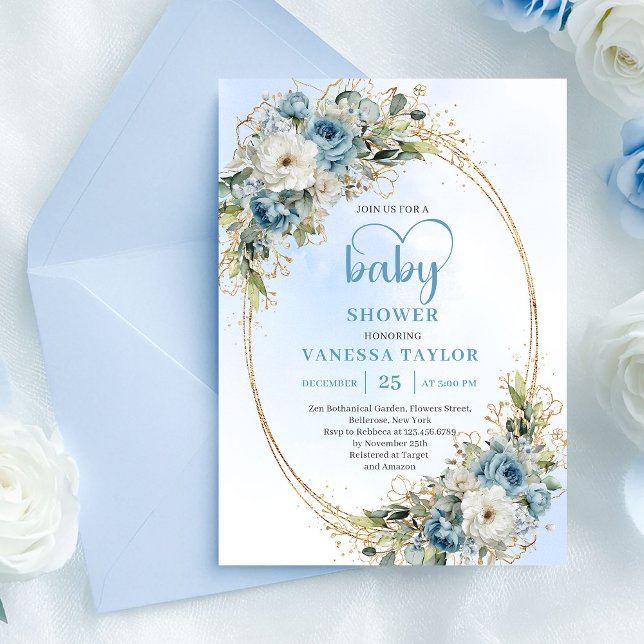 Bohemian Pastel Blue Floral Baby Shower Invitation Einladung (Bohemian Pastel Blue Floral Baby Shower Invite.........)
