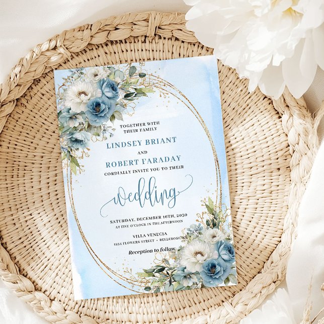Bohemian Pastel Blue Floral Gold Wedding Invite Einladung (Bohemian Pastel Blue Floral Gold Wedding Invitation)