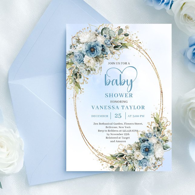 Bohemian Pastel Blue Floral Greenery Baby Shower  Einladung (Bohemian Pastel Blue Floral Greenery Baby Shower Invite)