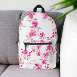 Bohemian pink cherry blossom name floral pattern bedruckter rucksack<br><div class="desc">Bohemian pink sakura cherry blossom name floral pattern backpack with pretty bright pink flowers and with greenery and a modern brush script typography.</div>