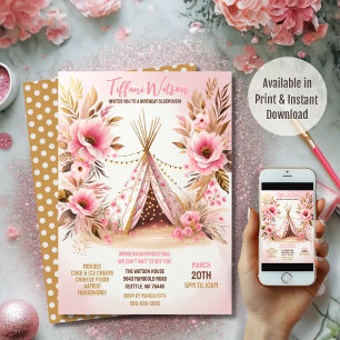 Bohemian Pink Florale Twinkle-Lichter Pyjamaparty Einladung