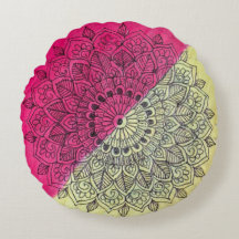 Bohemian-Rosa- und Gelbe-Mandala-Rund-Kissenhülle