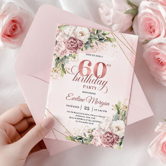 Bohemian Rose Gold Floral Grün 60. Geburtstag Einladung