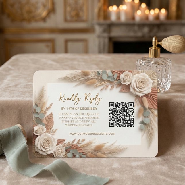 Bohemian Rustic Floral QR Code Wedding RSVP Karte (Von Creator hochgeladen)
