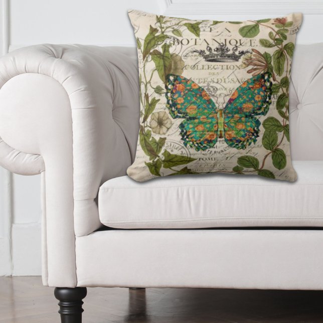 Bohemian-Skripte, französischer Botanischer Schmet Kissen (bohemian scripts french botanical butterfly throw pillow)