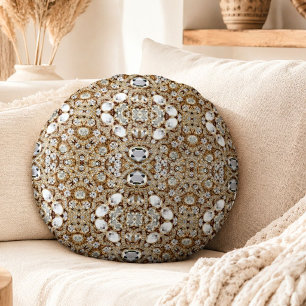 bohemian Vintage Mode Silber schwarz und Gold  Rundes Kissen