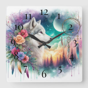 Bohemian Wolf und Traumfänger Quadratische Wanduhr