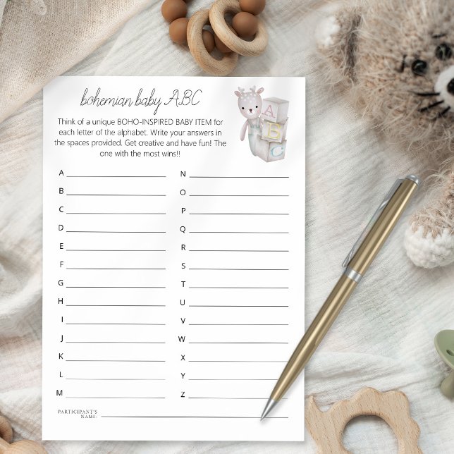 Bohemisch Baby Toy Bricks ABC Duschspielkarte Einladung (Available as a printable digital download or printed)