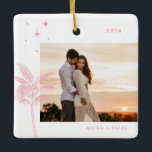 Bohemisch Beach Palm Tree Foto Keramik Ornament<br><div class="desc">Bohemische Strandpalme und Sterne,  Foto-Verzierungen in weichem Blätterrosa.</div>