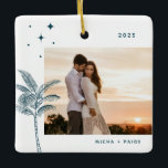 Bohemisch Beach Palm Tree Foto Keramik Ornament<br><div class="desc">Bohemische Strandpalme und Sterne,  Ferien-Foto-Ornament in rustikal aquamarin grün.</div>