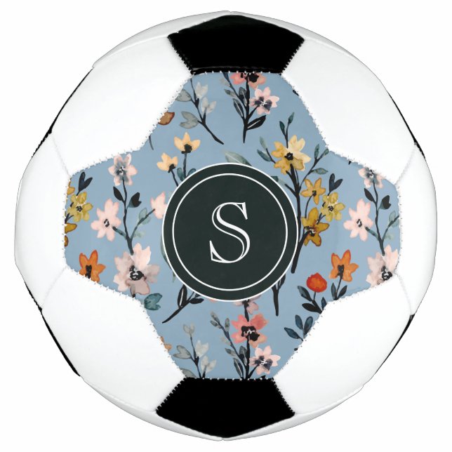 Bohemisch Blau-Farbe Blumen Mit Monogramm Fußball (Vorderseite)