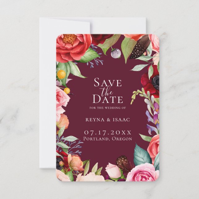 Bohemisch Blooms Bordeaux Save the Date Ankündigung (Vorderseite)