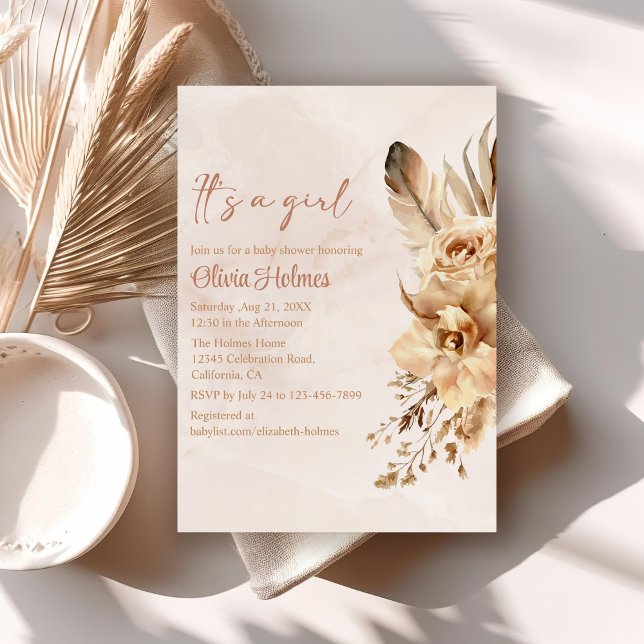 Bohemisch Blush Pampas Grass Orchid Kinderdusche Einladung (Bohemian Blush Pampas Grass Orchid Baby Shower Invitation on a neutral boho table.)