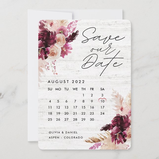 Bohemisch Boho Burgundy Red Calendar Save the Date Einladung (Vorderseite)