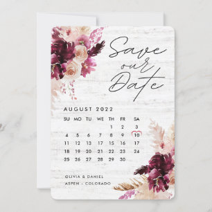 Bohemisch Boho Burgundy Red Calendar Save the Date Einladung