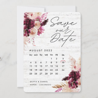 Bohemisch Boho Burgundy Red Calendar Save the Date Einladung