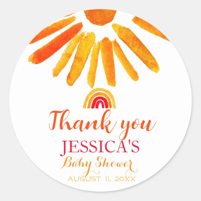 Bohemisch Boho Rainbow Sun Babydusche Orange Niedl Runder Aufkleber (Vorderseite)