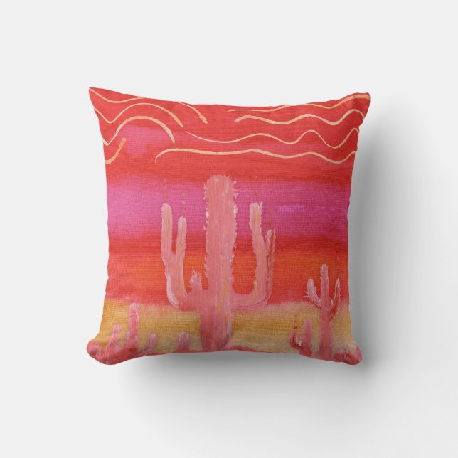 Bohemisch BOHO Wüste Saguaro Cactus Watercolor Kissen (Vorderseite)