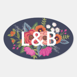 Bohemisch Bouquet - Blue Wedding Initials Ovaler Aufkleber