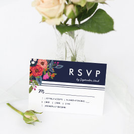 Bohemisch Bouquet - Navy Blue & Coral Wedding RSVP Karte