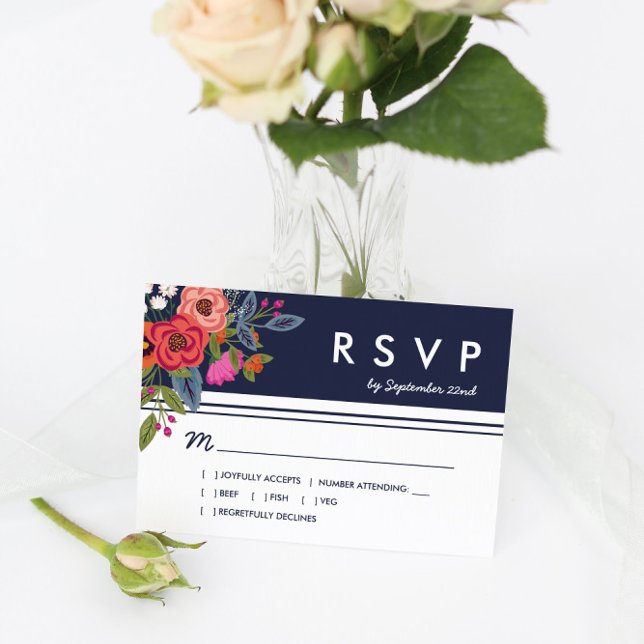Bohemisch Bouquet - Navy Blue & Coral Wedding RSVP Karte (Von Creator hochgeladen)