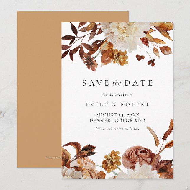 Bohemisch Burnt Orange Fall Floral Save the Date Einladung (Vorne/Hinten)