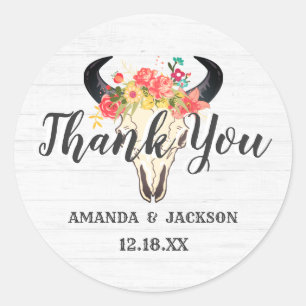Bohemisch Chic Cow Skull Floral Wedding Vielen Dan Runder Aufkleber