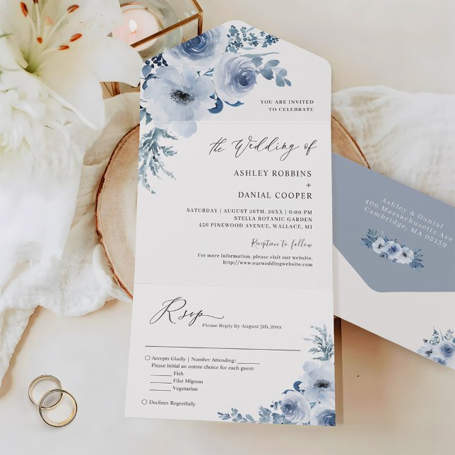 Bohemisch Dusty Blue Floral Wedding All In One Einladung (Von Creator hochgeladen)