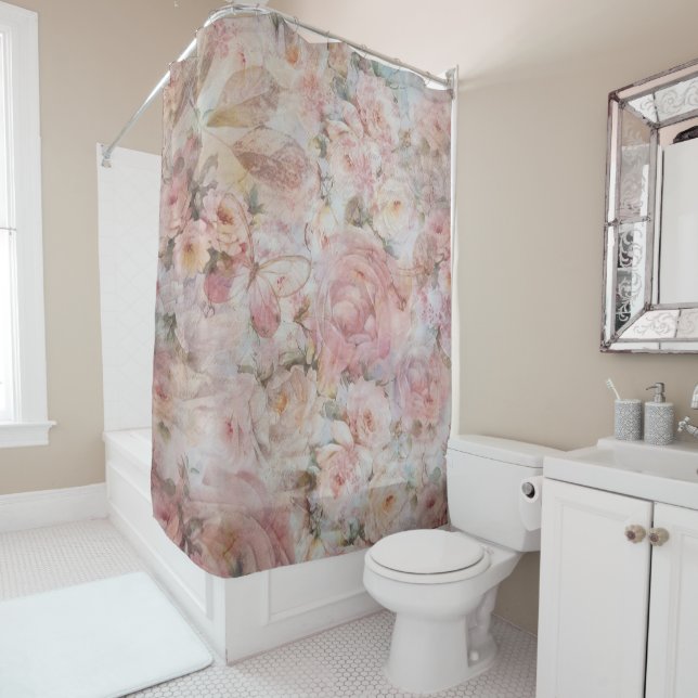 Bohemisch erröten Blumentypographie der rosa Duschvorhang (Beispiel)