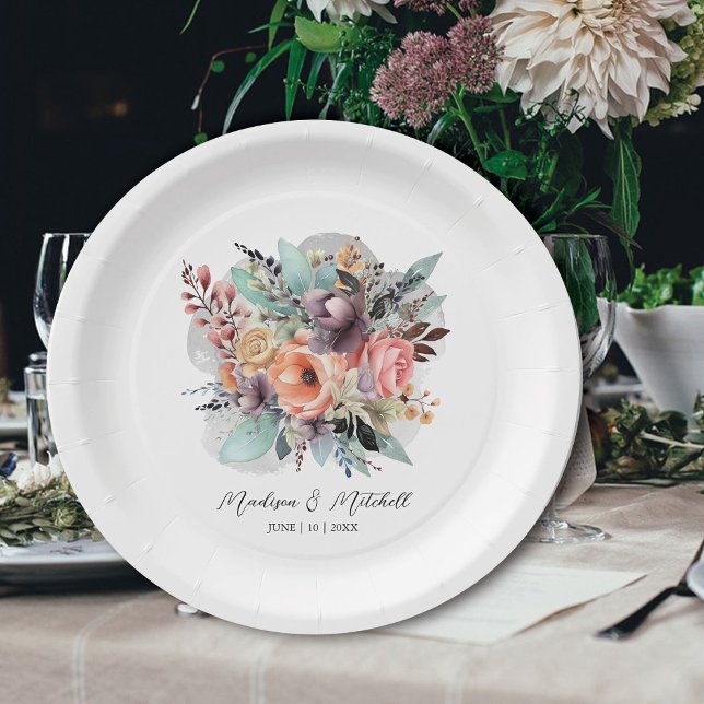 Bohemisch Floral Bouquet Wasserfarbe Pappteller (Von Creator hochgeladen)