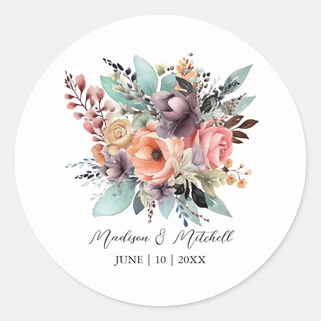 Bohemisch Floral Bouquet Wasserfarbe Runder Aufkleber (Vorderseite)