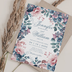 Bohemisch Floral Dusty Blue Wedding w/QR UAWG Einladung