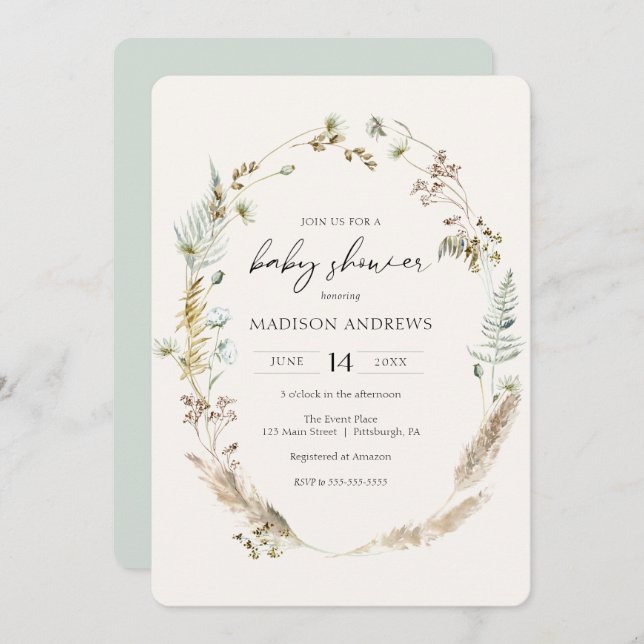 Bohemisch getrocknete Bouquet Blue Baby Dusche Ein Einladung (Vorne/Hinten)