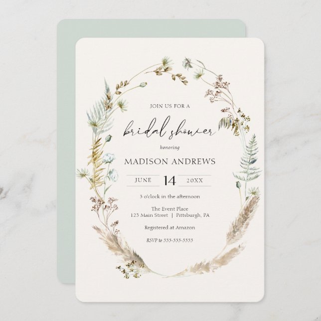 Bohemisch getrocknetes Bouquet Blue Brautparty Einladung (Vorne/Hinten)