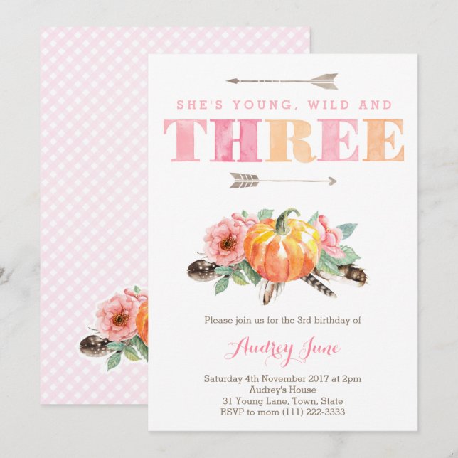 Bohemisch HerbstGirl 3. Geburtstag Party Einladung (Vorne/Hinten)