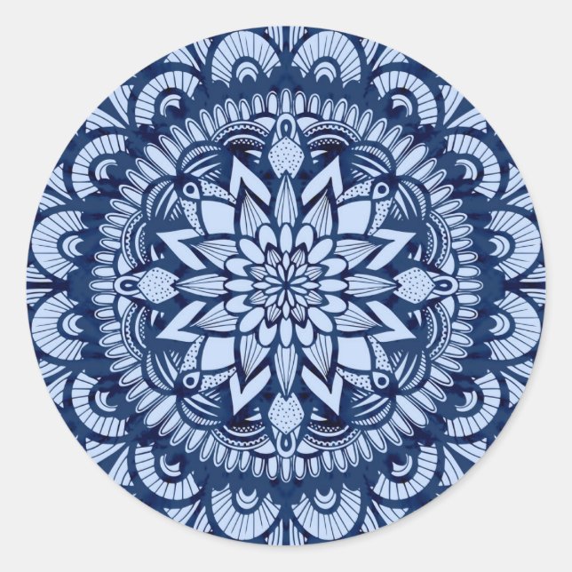 Bohemisch Navy Blue Gefärbte Krawatte Mandala Runder Aufkleber (Vorderseite)