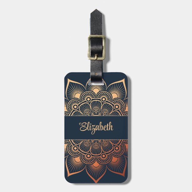 Bohemisch Navy Blue Peach Mandala Gepäckanhänger (Vorderseite vertikal)
