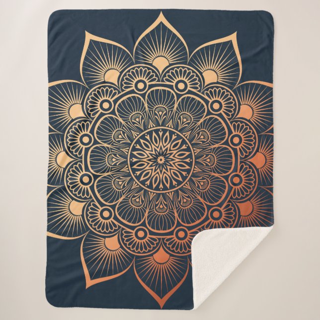 Bohemisch Navy Blue Peach Mandala Sherpadecke (Vorderseite)