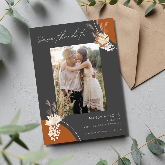 Bohemisch Pampas Foto Gray Rust Wedding Save The Date (Von Creator hochgeladen)