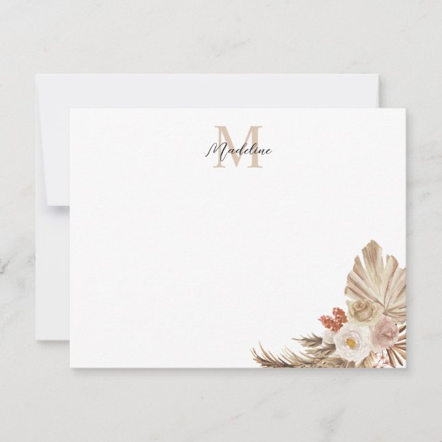 Bohemisch Pampas Grass Script Monogram Mitteilungskarte (Vorderseite)