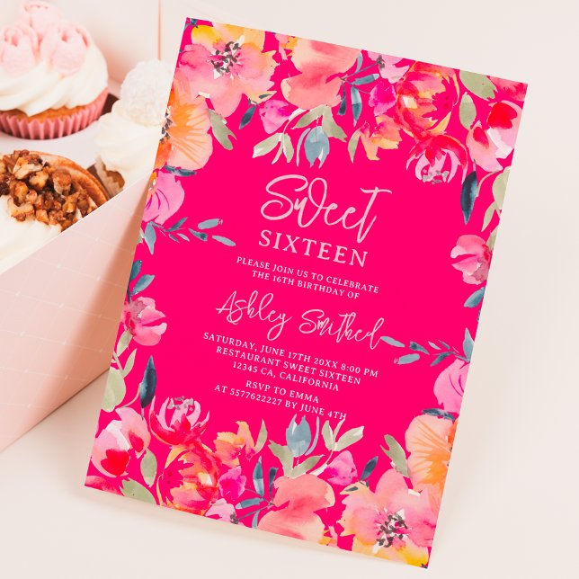 Bohemisch rosa Aquarellfarben Blume Sweet 16 Gebur Einladung (Bohemian pink watercolor flowers Sweet 16 birthday Invitation on neon pink)