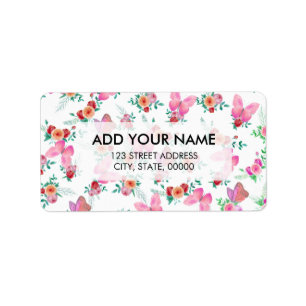 Bohemisch-rosa Aquarellfarben-Rose Blume Schmetter Adressaufkleber
