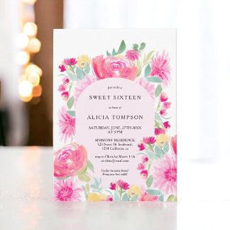 Bohemisch rosa Blumengarnschick Sweet 16 Einladung