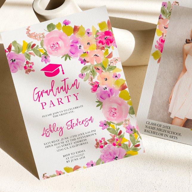 Bohemisch rosa Rosen Wildblumen Frühjahr Abschluss Einladung (Bohemian pink roses wildflowers spring graduation invitation)