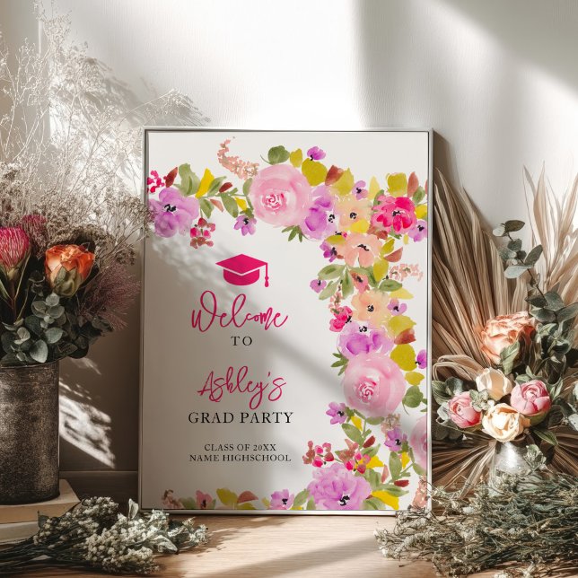 Bohemisch rosa Rosen Wildblumen Frühjahr Abschluss Poster (Bohemian pink roses wildflowers spring graduation poster)